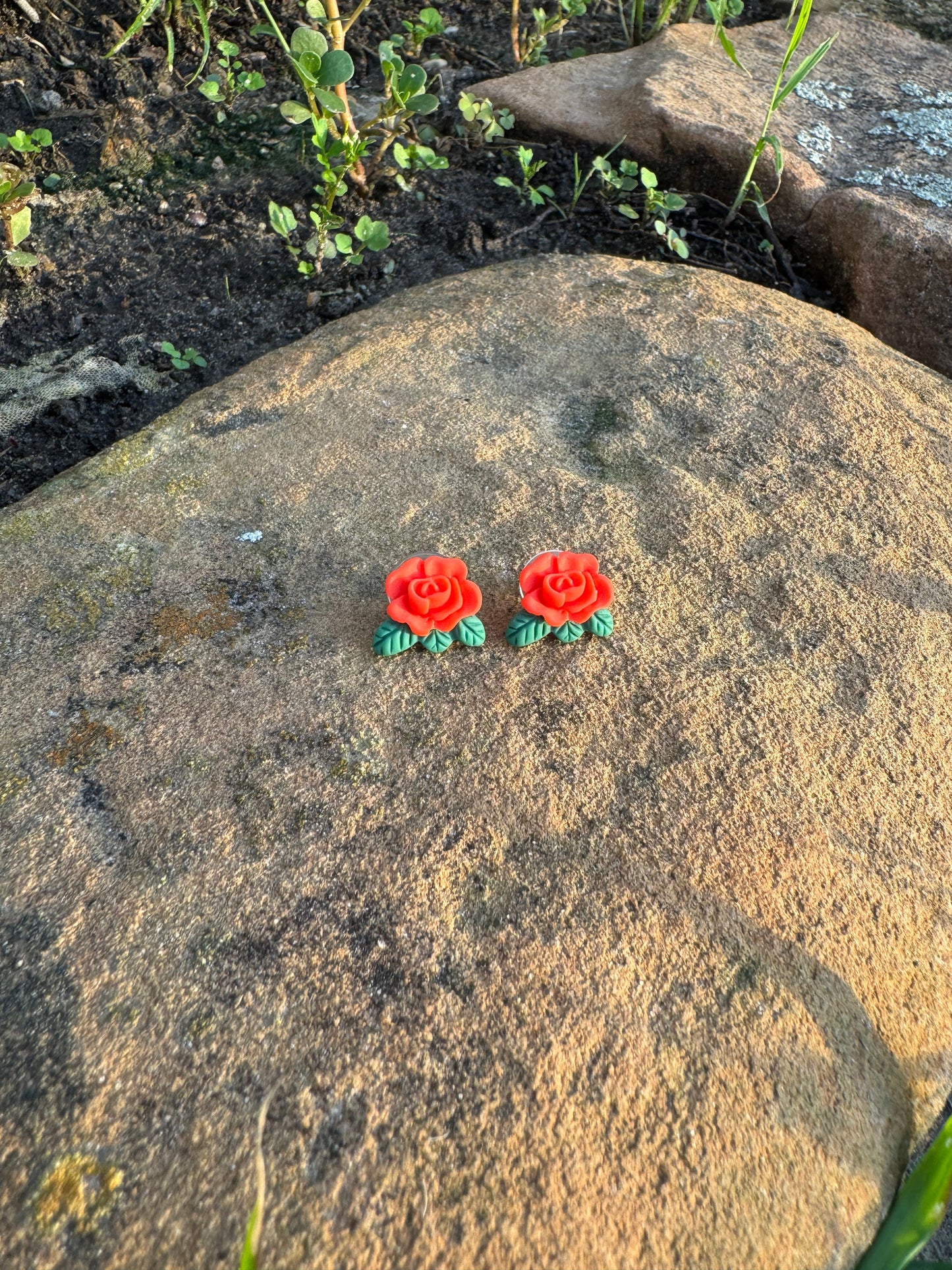 Red Rose Green Leaf Stud Post Earrings Gift