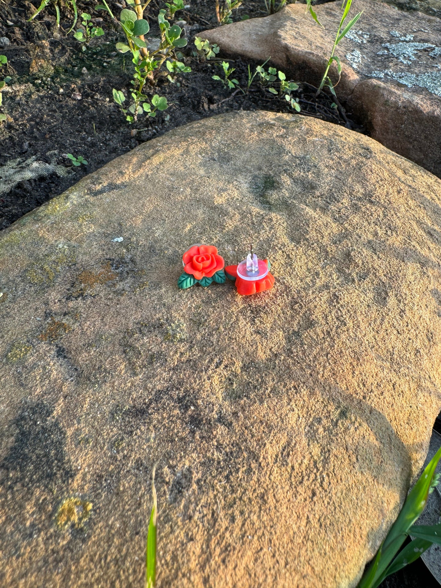 Red Rose Green Leaf Stud Post Earrings Gift