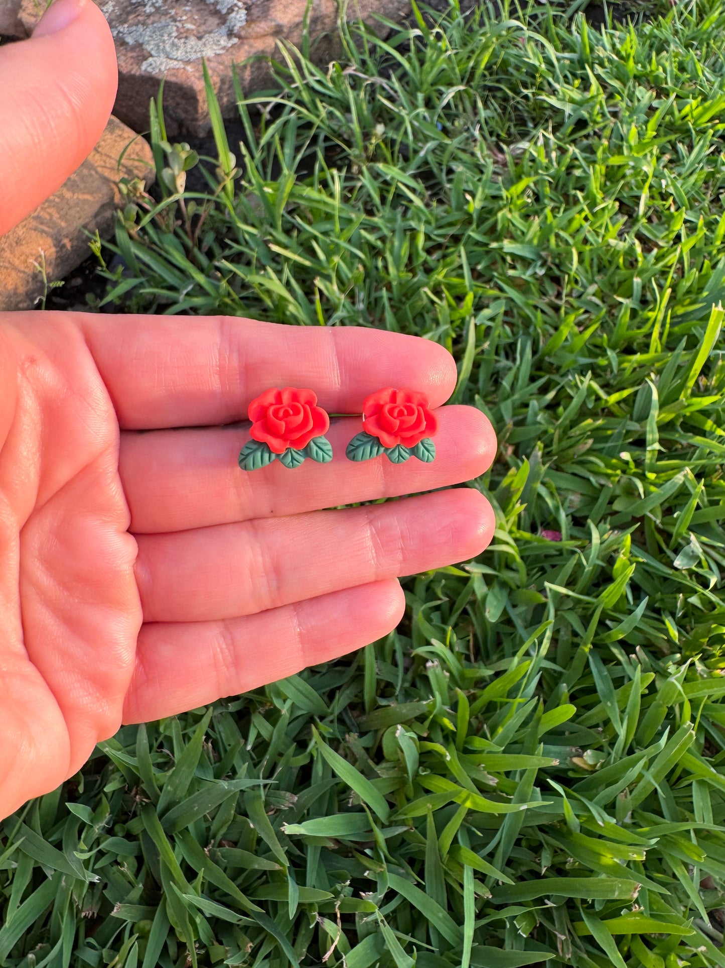 Red Rose Green Leaf Stud Post Earrings Gift