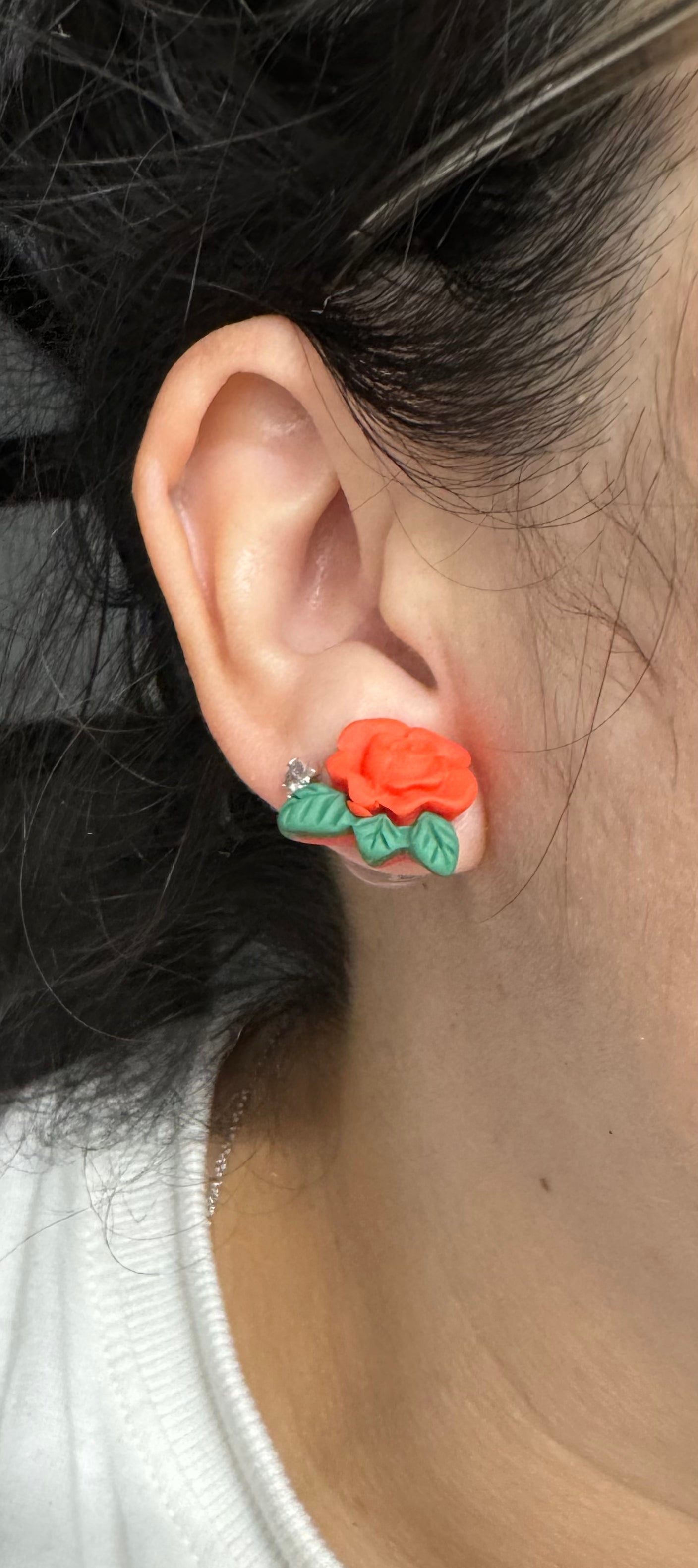 Red Rose Green Leaf Stud Post Earrings Gift